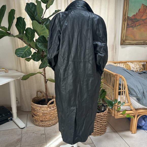 Vintage 90s Matrix Grunge Trench Coat Genuine Leather Black Oversized Women's M - Picture 8 of 16